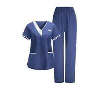 KHIRVWL Divisa Sanitaria Donna Divisa Infermiere Set con Casacca e Pantalone con Scollo A V Top Casacca Manica Corta Camice da Laboratorio Clinica Cameriera Etichetta Camicia Uniformi Medica Estiva
