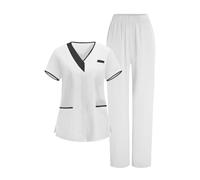 KHIRVWL Divisa Sanitaria Donna Divisa Infermiere Set con Casacca e Pantalone con Scollo A V Top Casacca Manica Corta Camice da Laboratorio Clinica Cameriera Etichetta Camicia Uniformi Medica Estiva