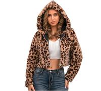 KHIRVWL Donna Cappotto Pelliccia Sintetica Morbido Leopardata Giacca Corta Parka con Pelliccia Giubbotti Ecopelliccia con Cappuccio Crop Manica Lunga Cappotti Invernale Finta Pelo Giubbotto