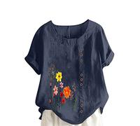 KHIRVWL Magliette da Donna in Cotone e Lino, Camicie con Bottoni e Stampa Floreale di Grandi Dimensioni Camicia Estiva Casual Elegante Tinta Unita Comoda e Traspirante per Feste in Spiaggia