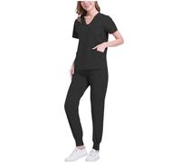 KHIRVWL Uniforme Sanitaria Donna Divisa Sanitaria Set con Casacca e Pantalone con Scollo A V Top Cotone Manica Corta Camice da Laboratorio Clinica Cameriera Etichetta Camicia Uniformi Medica Estiva