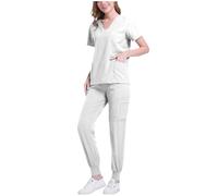 KHIRVWL Uniforme Sanitaria Donna Divisa Sanitaria Set con Casacca e Pantalone con Scollo A V Top Cotone Manica Corta Camice da Laboratorio Clinica Cameriera Etichetta Camicia Uniformi Medica Estiva