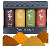Khla - Confezione di 4 Curry Biologici - Curry Giallo, Curry Nero, Curry Rosso & Curry Detox Verde - Polvere 4x 100 g - Miscele Esclusive - Set Regalo Spezie Natale Compleanno - Origine Cambogia