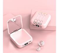 KHUKHU Power Bank con Cavi Integrati E Specchio per Il Trucco, Caricabatterie Portatile da 10000 mAh, Batteria Esterna con 3 Uscite E 2 Ingressi, Mini Power Bank,Rosa