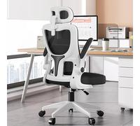 KHUKHU Sedia da ufficio in rete, schienale alto, ergonomica, con supporto lombare e braccioli ribaltabili, poggiatesta regolabile, for casa, nera, girevole, for il gioco e il lavoro.(Black White)