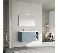 Kiamami Valentina - Arredo Bagno Sospeso 100CM | Cassetti Celeste Opaco | Lavabo Asimmetrico | Specchio 100x60 con Lampada, Celeste Opaco, 100CM + Specchio con Lampada + Vano