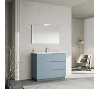 Kiamami Valentina Mobile bagno 100cm a terra con 2 cassetti celeste opaco e specchio 100x60 con lampada led | New York