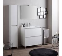 Kiamami Valentina - Mobile bagno a terra 60cm bianco con frontale rovere bianco, lavabo e specchio 60x80 | Laguna
