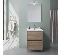 Kiamami Valentina Mobile bagno a terra 60cm con 2 cassetti quercia naturale effetto legno con lavabo e specchio 60x80 | Laguna
