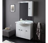 Kiamami Valentina - Mobile Bagno a Terra 85cm | Legno Nobilitato Bianco Lucido | Lavabo in Ceramica Capiente | Specchio con Pensile e Faretti LED, Bianco, 85CM, Legno Ingegnerizzato