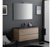Kiamami Valentina Mobile Bagno Sospeso 100 Cm Rovere Con Lavabo Nero Opaco | 2 cassetti, lavabo ceramica, specchio 100x70 cm con lampada LED nera, legno nobilitato, design moderno