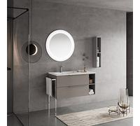 Kiamami Valentina - Mobile Bagno Sospeso 100CM | 2 Cassetti Frassino | Vano a Giorno Grigio | Porta Salviette Cromato | Specchio Tondo Retroilluminato, Grigio Frassino, 100CM, PVC