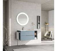 Kiamami Valentina - Mobile Bagno Sospeso 100CM | Celeste Opaco | Lavabo Asimmetrico | Porta Salviette Cromato | Specchio Tondo LED | Legno Ingegnerizzato | 100CM + Specchio + Porta Salviette + Vano