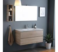 Kiamami Valentina - Mobile bagno sospeso 100cm con 2 cassetti quercia naturale, lavabo e specchio 100x60