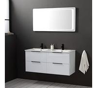Kiamami Valentina - Mobile Bagno Sospeso 120CM Parigi | Bianco Lucido | Specchio LED Retroilluminato con Sensore Touch | 4 Cassetti e Doppio Lavabo, Specchio LED Touch, 120CM, Resina
