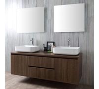 Kiamami Valentina - Mobile bagno sospeso 150cm noce scuro 2 lavabi appoggio e 2 specchi | Siena