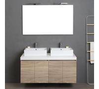Kiamami Valentina - Mobile bagno sospeso 4 ante rovere naturale, top bianco, 2 lavabi d'arredo e specchio con lampada | Valentina