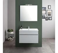 Kiamami Valentina - Mobile Bagno Sospeso 80cm con 1 Cassetto | Lavabo in Ceramica | Specchio 80x60 cm | Mobile Completo con Lavabo e Specchio | Colore Grigio Moon Effetto Legno