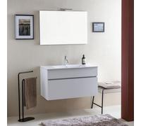 Kiamami Valentina Mobile Bagno Sospeso 90 cm Bianco Legno Sole con Specchio | Composizione con lavabo in ceramica, cassettone soft close, specchio 90x60 cm reversibile, stile moderno