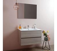 Kiamami Valentina - Mobile Bagno Sospeso Berlin 80 cm | Lavabo in Ceramica | Specchiera Reversibile | Due Cassetti con Chiusura Rallentata | Luci Non Incluse, Olmo Leone, 80 CM, Legno Fsc