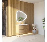 Kiamami Valentina - Mobile Bagno Sospeso Curvo | Rovere Miele | 105CM con 2 Cassetti e Anta Laterale | Lavabo in Resina | Specchio a Goccia LED, Rovere Miele, 105CM, Quercia