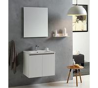 Kiamami Valentina - Mobile Bagno Vinci Sospeso | Lavabo in Ceramica | Specchio Incluso | 60 cm, Bianco Foresta, Legno, già assemblato
