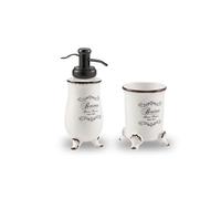 Kiamami Valentina Set Accessori Lavabo Shabby Chic Ceramica Bianca Amelia | 2 pezzi: portaspazzolini e dosasapone, ceramica decorata, stile provenzale, uso da appoggio, serie Amelia