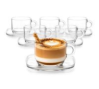 KIAPPO Tazze in vetro con piattini - Set da 6 pezzi - 270 ml - Vetro trasparente - Per caffè, tè e bevande calde - Design moderno e confezione regalo - Perfetto per momenti di piacere eleganti