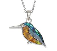 Kiara Jewellery - Collana con ciondolo a forma di Kingfisher intarsiato con conchiglia di abalone bluastro verde e arancione, su catenina da 45,7 cm
