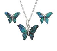 Kiara Jewellery - Set di collana e orecchini a perno con ciondolo a forma di farfalla e orecchini intarsiati con conchiglia di abalone verde bluastro naturale su catenina da 46cm