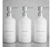 KIBAGA, Elegante set di 3 erogatori per shampoo, balsamo e bagnoschiuma, 620 mL, con pompa ed etichette, facile da ricaricare, per un miglioramento istantaneo dell’arredamento del bagno, colore bianco