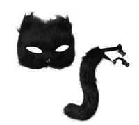 KiBcsLic 2 Pezzi Set Costume da Animale Maschera per Mascherata Coda Soffice Accessorio per Cosplay Costume per Spettacolo Divertente Adatto per martedì Grass, Nero