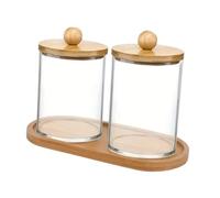 KiBcsLic 3 Pezzi Porta Cotton Fioc Organizzatore per Bagno Dispenser per Cotone Set di Contenitori con Vassoio E Coperchi in Bambù Adatto per La Toeletta, 2 Tazze