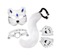 KiBcsLic 5 Pezzi Set Travestimento Gatto con Maschera Coda Guanti E Girocollo in Morbido Peluche Leggero Adatto per Halloween Feste a Tema E Spettacol, Bianco Blu