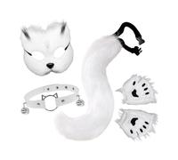 KiBcsLic 5 Pezzi Set Travestimento Gatto con Maschera Coda Guanti E Girocollo in Morbido Peluche Leggero Adatto per Halloween Feste a Tema E Spettacol, Bianco Nero