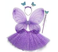KiBcsLic Costume Farfalla con Fiocco Set Fata Farfalla Fascia Elastica Travestimento Infantile per Bambini, Viola, Set Di Quattro Pezzi Pieghevole Con Gonna Di Paillettes