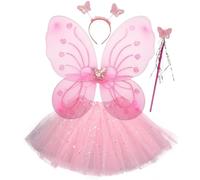 KiBcsLic Costume Farfalla con Fiocco Set Fata Farfalla Fascia Elastica Travestimento Infantile per Bambini, Rosa, Set Di Quattro Pezzi Pieghevole Con Gonna Di Paillettes
