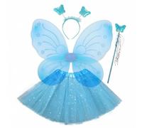 KiBcsLic Costume Farfalla con Fiocco Set Fata Farfalla Fascia Elastica Travestimento Infantile per Bambini, Blu, Set Di Quattro Pezzi Pieghevole Con Gonna Di Paillettes