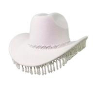 KiBcsLic Cowboy Hat Ampio con Dettagli in Perle E Frange Realizzato in Tessuto Comodo E Leggero Cappello Western Da Donna per Feste Decorazione per Party Acces, Bianco