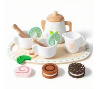 KiBcsLic Set da Tè in Legno Realistico Set da Tè con Vassoio senza Sbavature Accessori Accessori per Cucinare in Legno per Neonati, Area Giochi, Asilo , Bianco