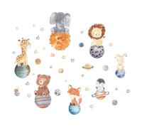 Kibi Adesivi Murali Animali su Pianeti, Tema Spaziale Acquerello, Decorazione Cameretta Bambini, Elefante Giraffa Leone Volpe, 115x90cm