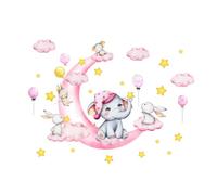 Kibi Adesivo da Parete per Cameretta, Elefante e Coniglietti sulla Luna, Rosa e Giallo, 137x87 cm, Decorazione per Bambini Stickers Murali Bambini Wall Stickers