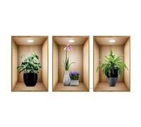 Kibi Set di 3 Adesivi da Parete 3D con Piante in Vaso, Decorazione Nicchia in Legno Stile Moderno Adesivi Murali Piante Realistico Verde Pianta In Vaso Impermeabile Wall Art