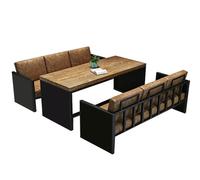 KIBONCY Industrial 2-Seater Sofa and Table Set,2-Person Brown Leather Seating with Wooden, for Cafe, Restaurant and Home Living Room(C)