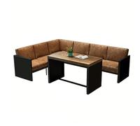 KIBONCY Industrial 2-Seater Sofa and Table Set,2-Person Brown Leather Seating with Wooden, for Cafe, Restaurant and Home Living Room(E)