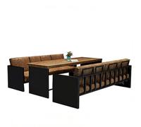 KIBONCY Industrial 2-Seater Sofa and Table Set,2-Person Brown Leather Seating with Wooden, for Cafe, Restaurant and Home Living Room(D)