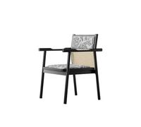 KIBONCY Mid-Century Modern Rattan Back Accent Chair, Upholstered Leaf Print Seat, Black Solid Wood Frame - Comfy Armchair for Home Office(E)