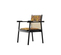 KIBONCY Mid-Century Modern Rattan Back Accent Chair, Upholstered Leaf Print Seat, Black Solid Wood Frame - Comfy Armchair for Home Office(D)