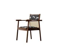 KIBONCY Mid-Century Modern Rattan Back Accent Chair, Upholstered Leaf Print Seat, Black Solid Wood Frame - Comfy Armchair for Home Office(O)