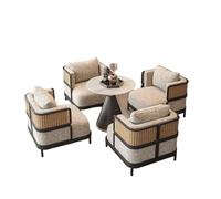 KIBONCY Modern Linen Sectional Sofa Set with Black wood Frame Round Marble Coffee Table & Upholstered Armchairs for Bedroom Reading Room(B-60cm)